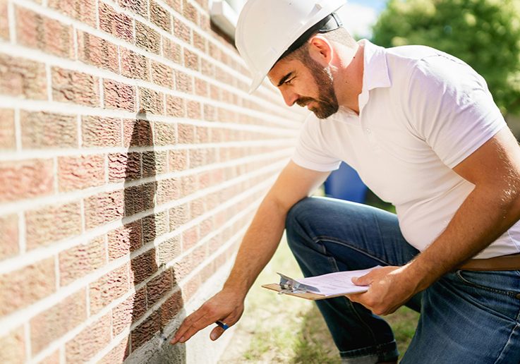 A man with a white hard hat holding a clipboard, inspect house